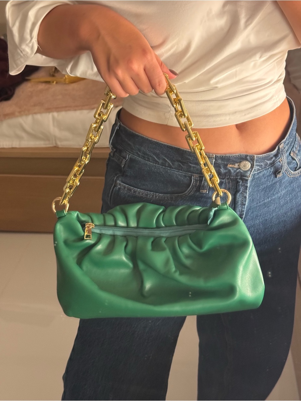 Green Ruched Shoulder Bag with Gold Chain